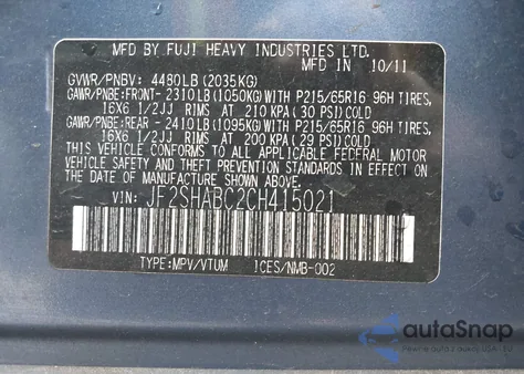 2012 Subaru Forester 2.5X из США, поврежденный, VIN JF2SHABC2CH415021